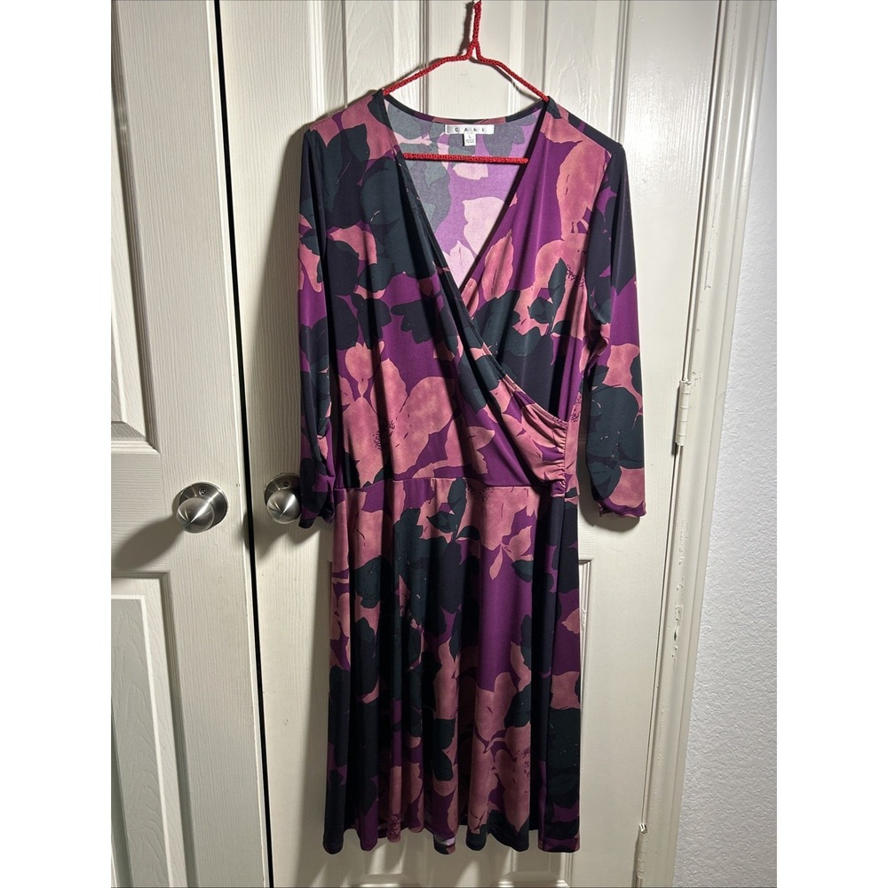 CABI‎ Floral Long Sleeve Midi Dress V Neck Sz L #837 Stretch Lightweight